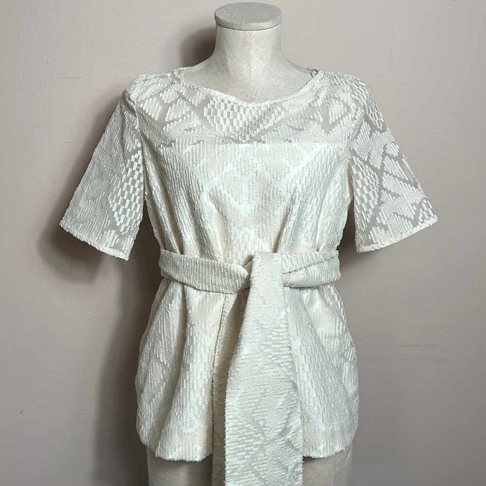 Sintesis Ivory Lace Burnout Belted Short Sleeve Blouse size S